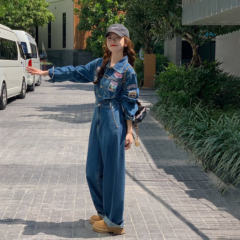 Blue Labeling Denim Jumpsuit Women's Spring and Autumn 2024 New High Waist Slimming Design Sense Wide Leg Jumpsuit Set
