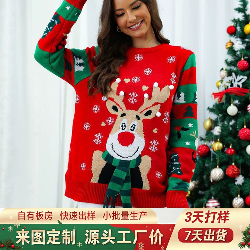 3D Scarf Reindeer Christmas Sweater Custom-Made, Elk Snowflake Jacquard Ugly Sweater, Cross-Border Holiday Knitwear