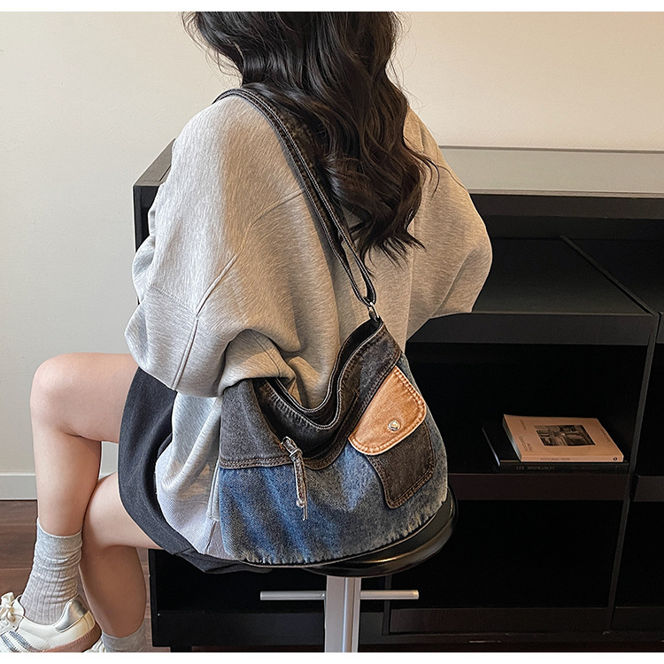 Colorblock Multi Pocket Washed Denim Tote Bag 42