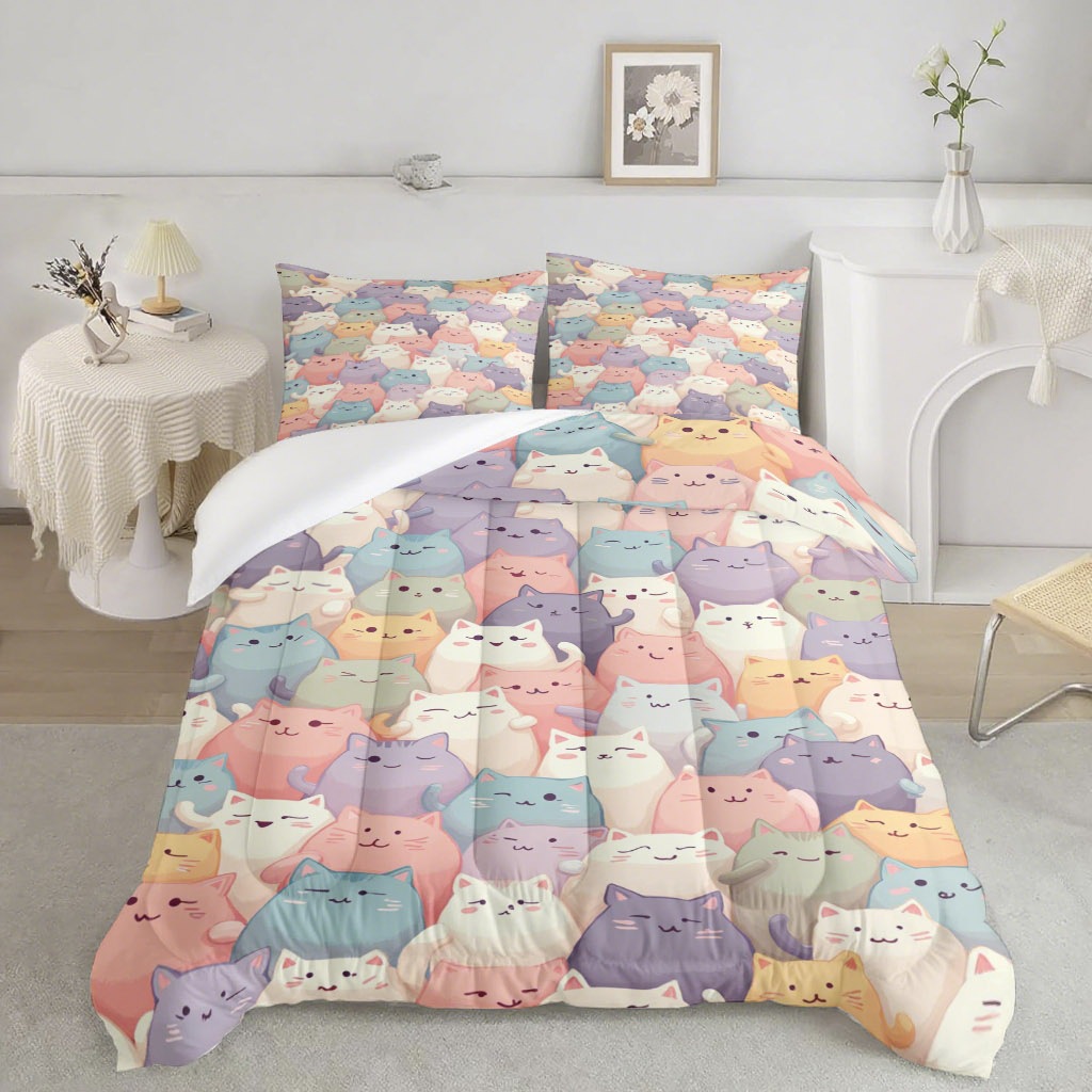 TEMU / JIT caricatura gatito impresión digital 3D 180gms set de colcha fabricantes de suministro directo a las figuras se pueden fijar