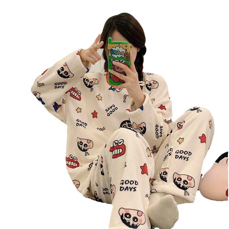 십대 큰 어린이 잠옷 여성 산호 벨벳이 초기 기모 여고생 중학생 가을과 겨울 세트