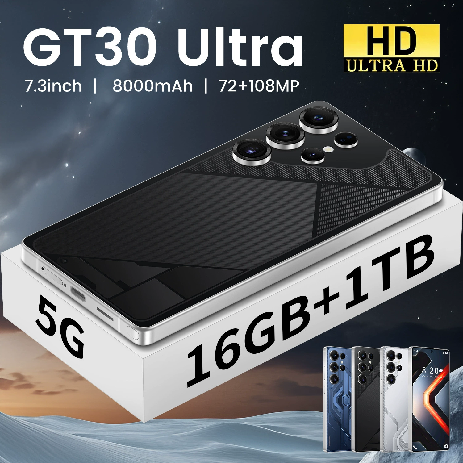Смартфон GT30 Ultra, экран 7,3 дюйма, 16 ГБ + 1 ТБ, 8000 мАч, Android 14, 5G