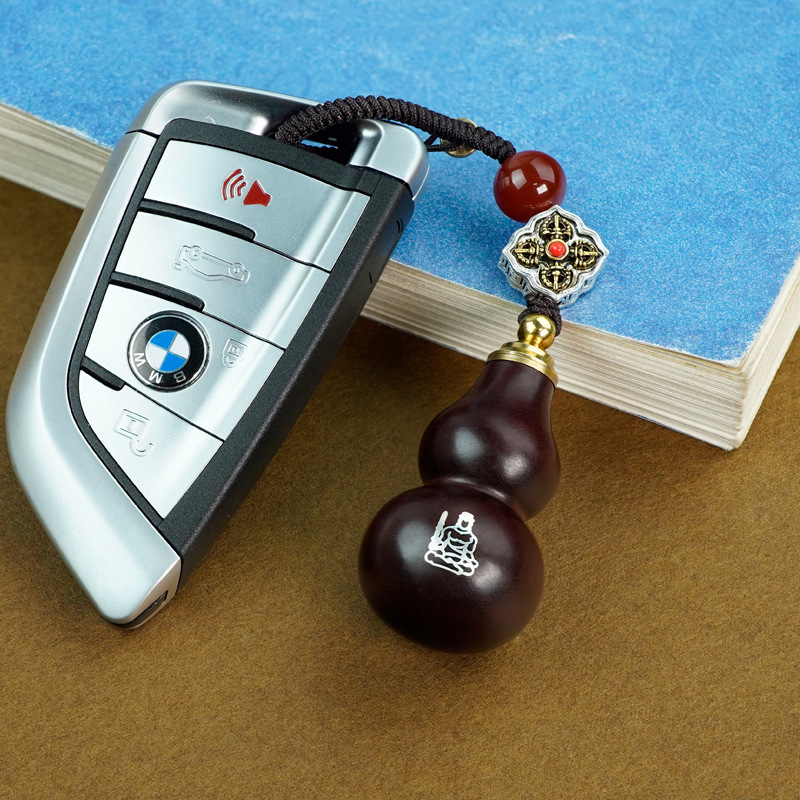 Blood Sandalwood Inlaid with Silver Zodiac Sign, Rotatable Lid, Blessing Gourd Keychain, Inlaid Guardian Deity Fortune Pendant, Customizable Ornament