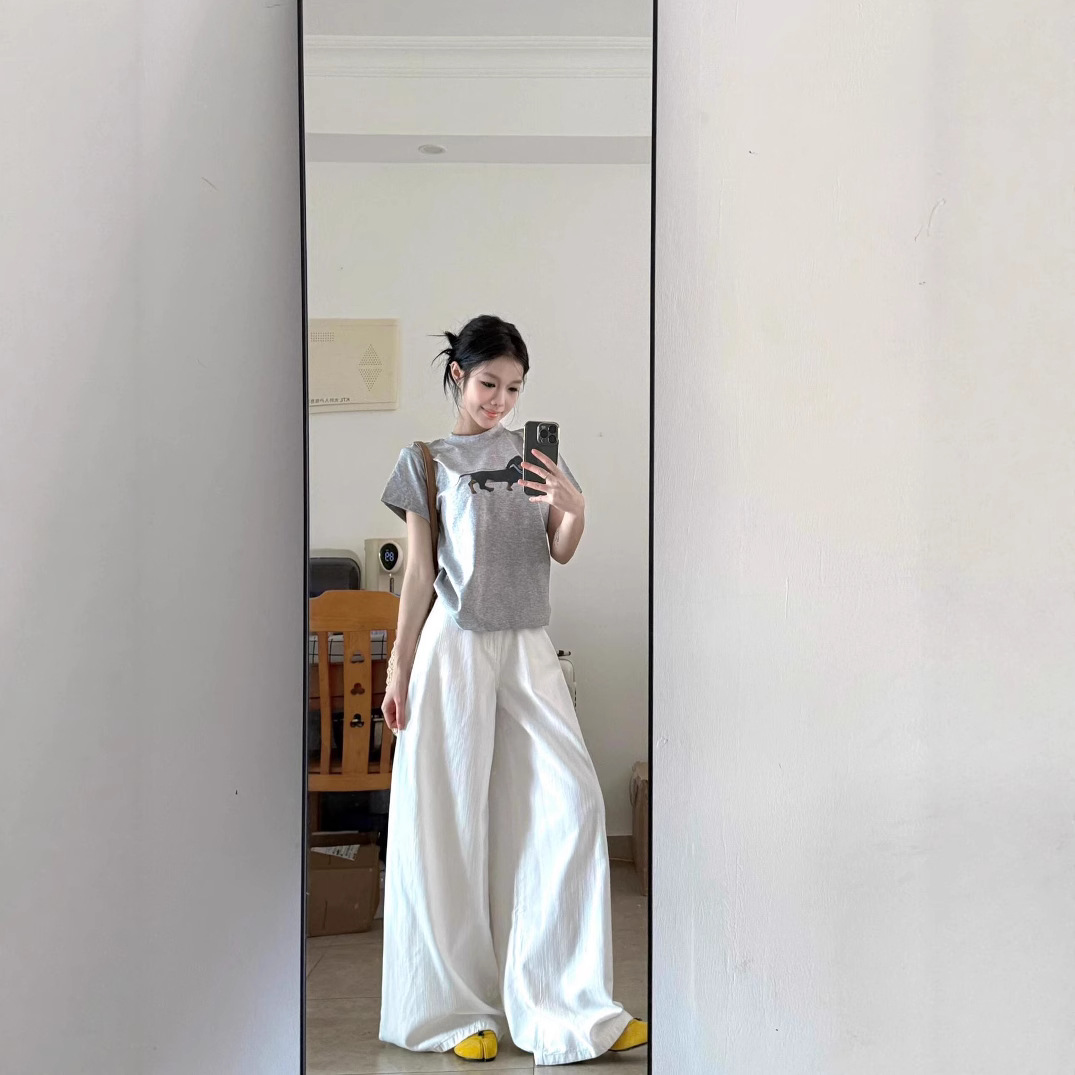여름 여성용 한국 캐주얼 스포츠 슈트, 오른쪽 어깨 반팔 티셔츠, 와이드 레그 바닥 길이 팬츠, 여성용 레이지 스타일 투피스 세트