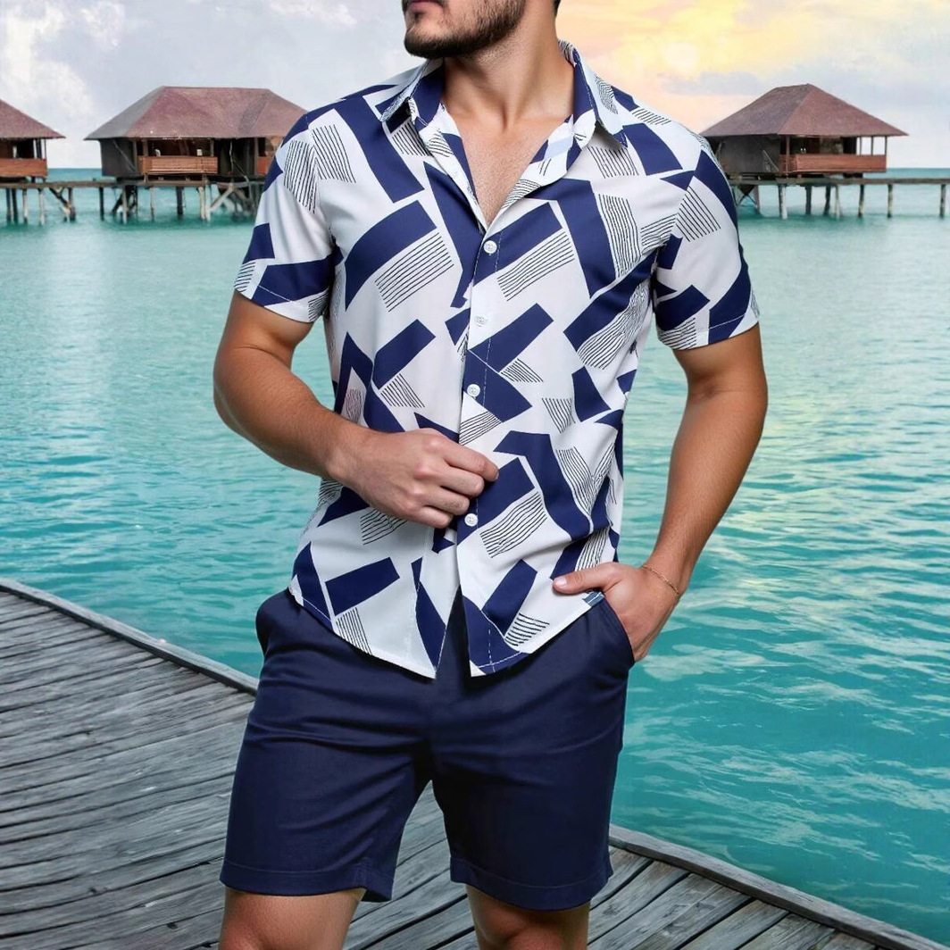 Men's Summer Beach Shorts Set With 3D Digital Print Black White Contrast Vacation Style Casual Short Sleeve_viptrois.com