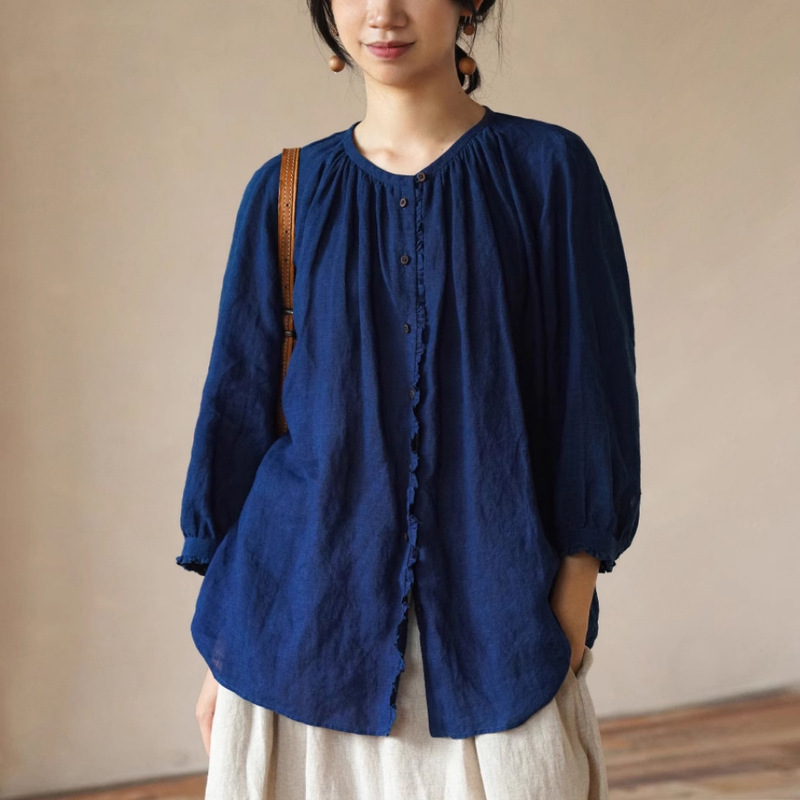 2025 Spring and Autumn New Plant-Dyed High-Quality Linen Casual Round Neck Nine-Quarter Sleeve Ruffled Shirt