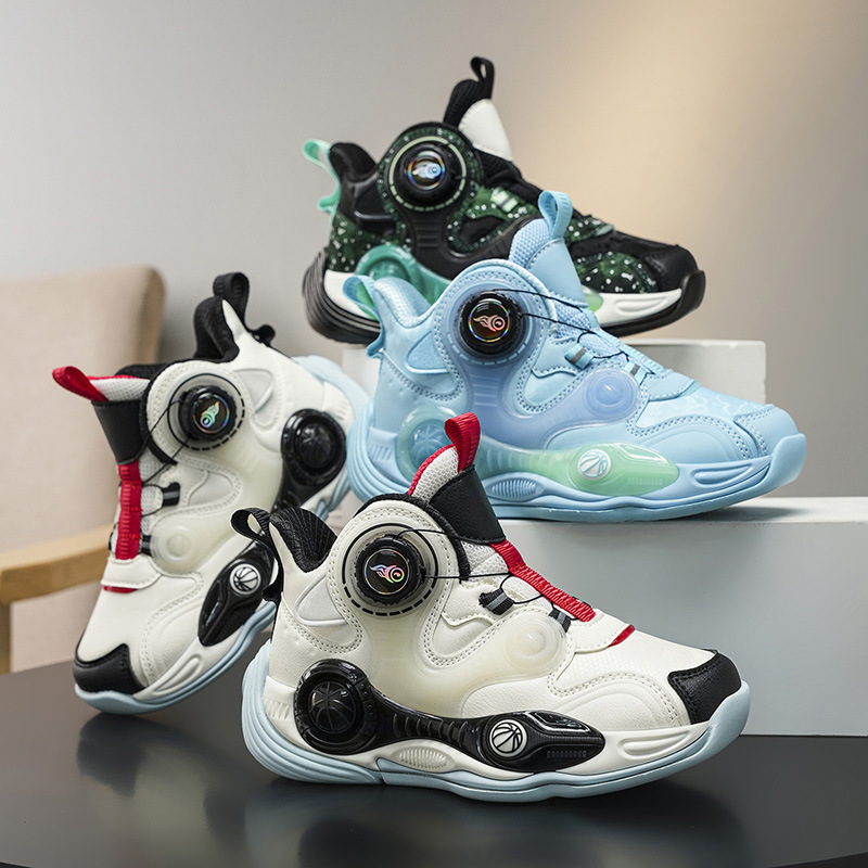 Fabricantes de zapatos de baloncesto de cuero de fondo grueso para niños con botón giratorio al aire libre anti-deslizante zapatillas deportivas frescas nuevas