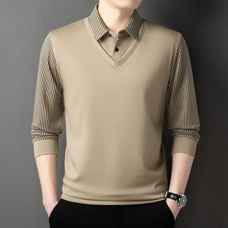 Spring and Autumn Long-Sleeved T-Shirt Men's Business Casual Middle-Aged Dad Shirt Collar Fake Two-Piece Men's Stripesd Polo Shirt