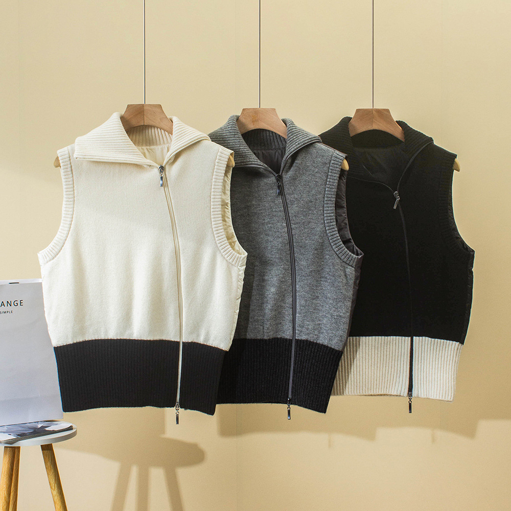 겨울 새로운 LP 다운 조끼 Lel 더블 지퍼 대조 컬러 민소매 캐시미어 조끼 거위 재킷 두꺼운