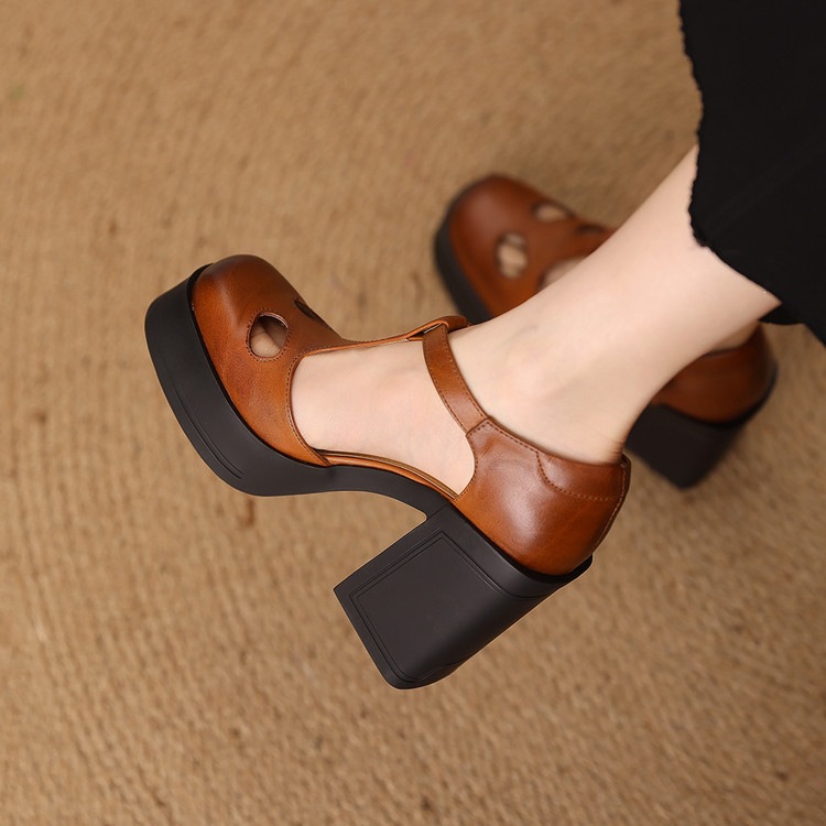 Sandal nữ đế xuồng platform gót vuông phong cách vintage khóa kim loại — màu nâu, màu đen chi tiết 36