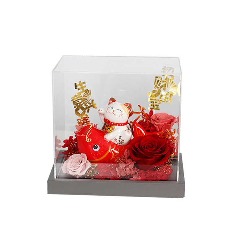 Cerámica gato afortunado koi regalo para novia regalo de cumpleaños rosa al por mayor regalo del Día de San Valentín flor seca flor eterna