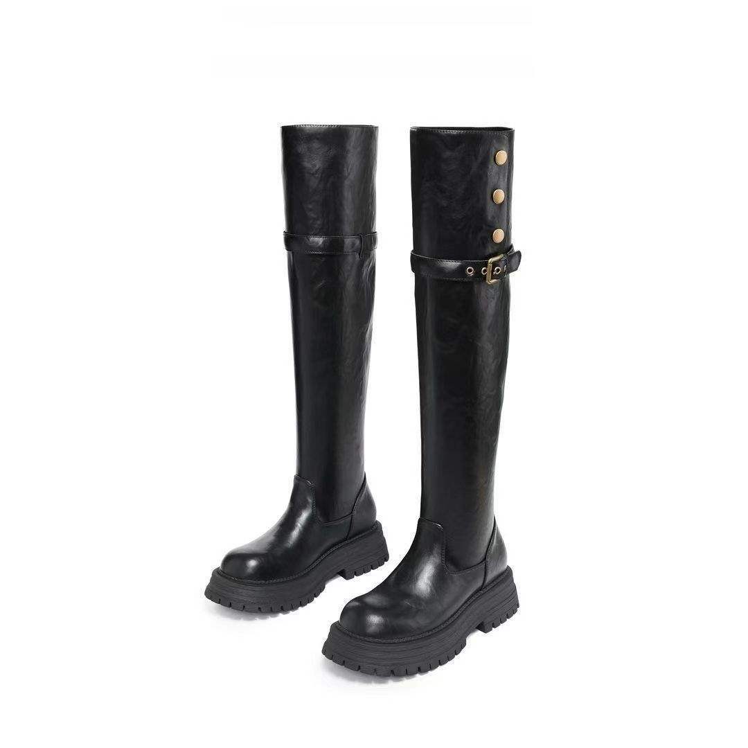 过膝高长筒靴女加厚秋冬新款时尚骑士靴复古厚底百搭时装马丁靴子