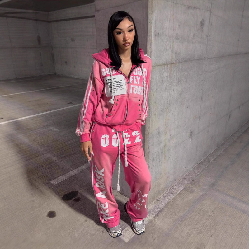 European and American Style Hooded Sweatshirt Set, Fashionable Casual Long Pants with Print, Hip-Hop Rock Unisex Sweatshirt Jacket