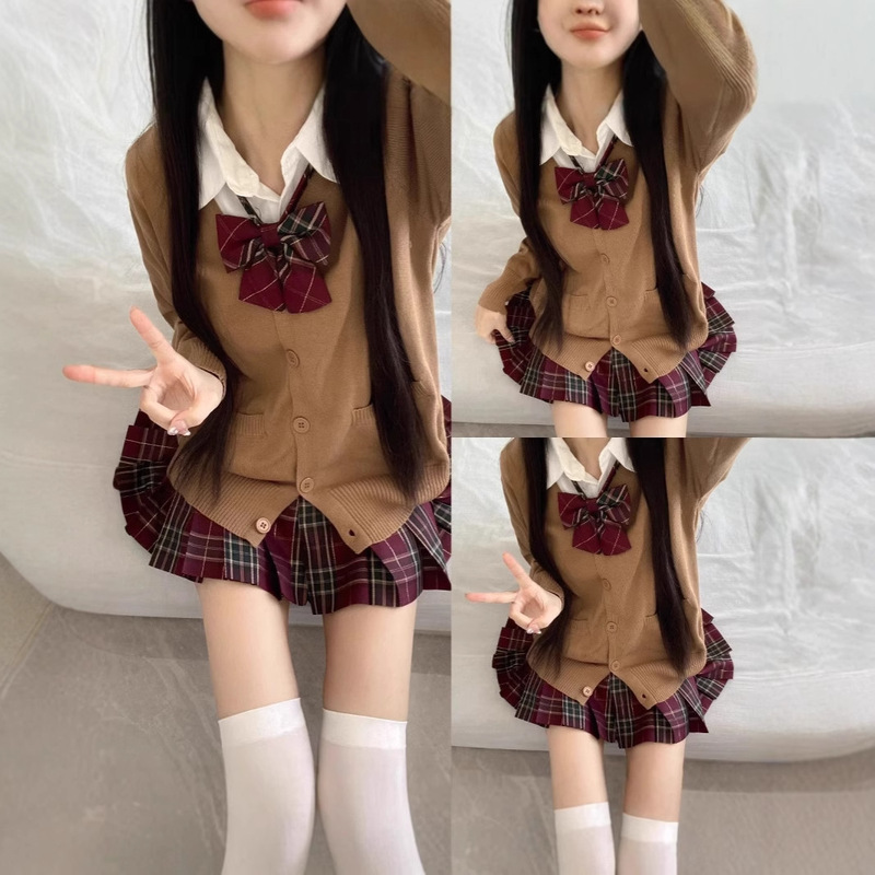 Popular Original Jk Uniform Korean Style Cute Girly Shirt Knitted Cardigan Half Pleated Skirt Preppy Style Summer