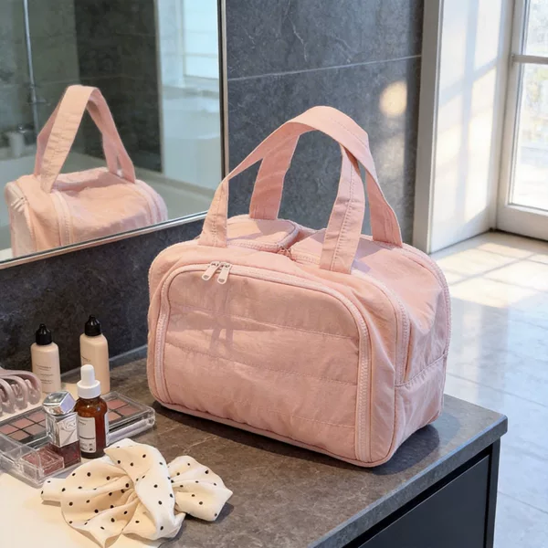 Cosmetic Bag, Quilted, Large Capacity, Fashionable, Simple, Portable, Lightweight, Partitioned, Double-Opening Travel Storage Bag, Toiletry Bag