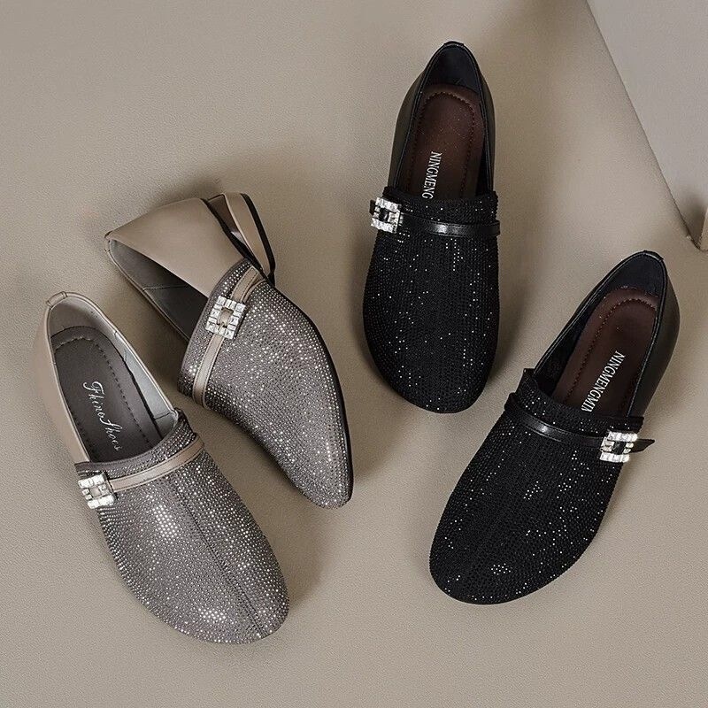 2026 New Spring and Summer Flat Shoes for Women, Soft Leather, Soft Sole, Rhinestone Women's Shoes, Round Toe, Low Heel, Fashionable Mom Leather Shoes