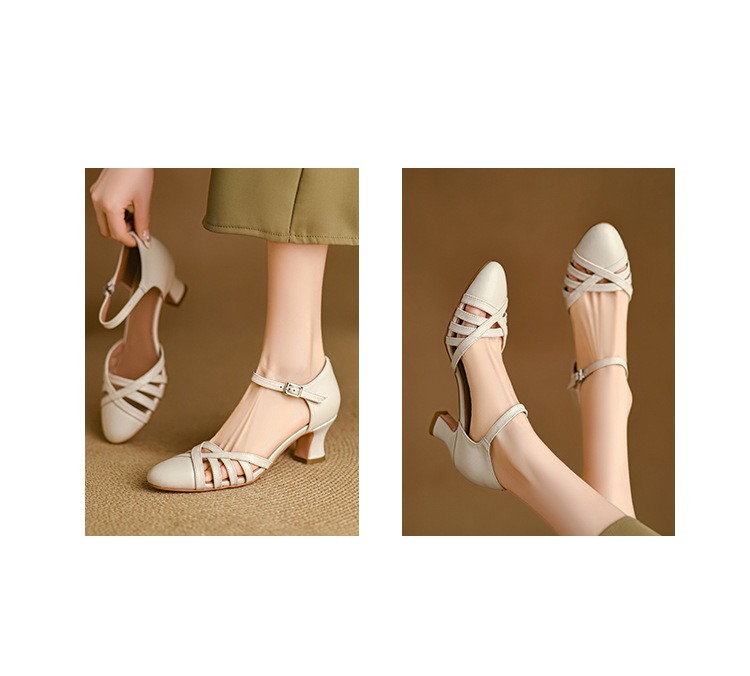 Sandal nữ quai hậu mũi nhọn retro da bò gót 5 cm kiểu La Mã — Màu trắng nhạt chi tiết 16