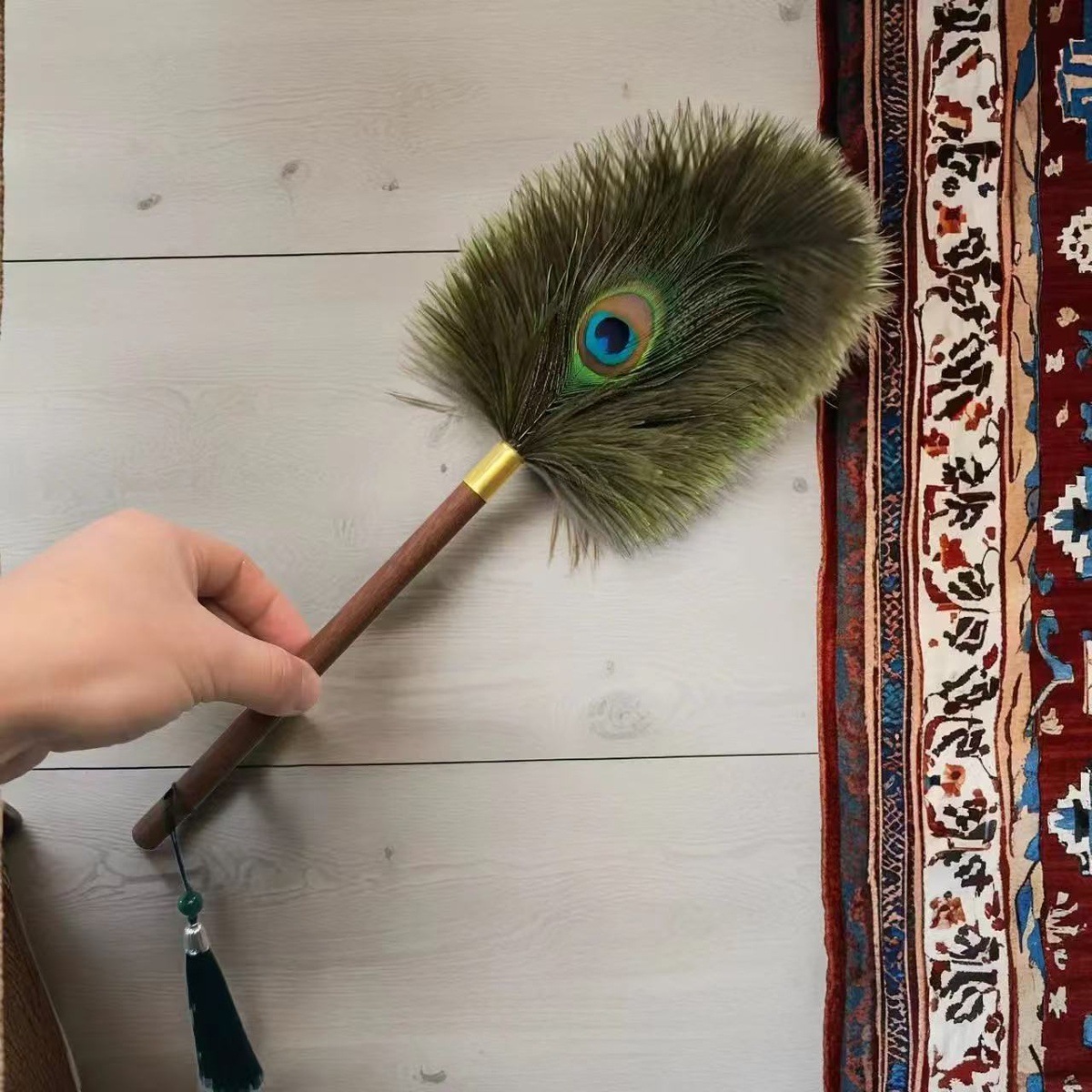 Walnut color peacock ostrich feather duster [medium size] comes with tassels