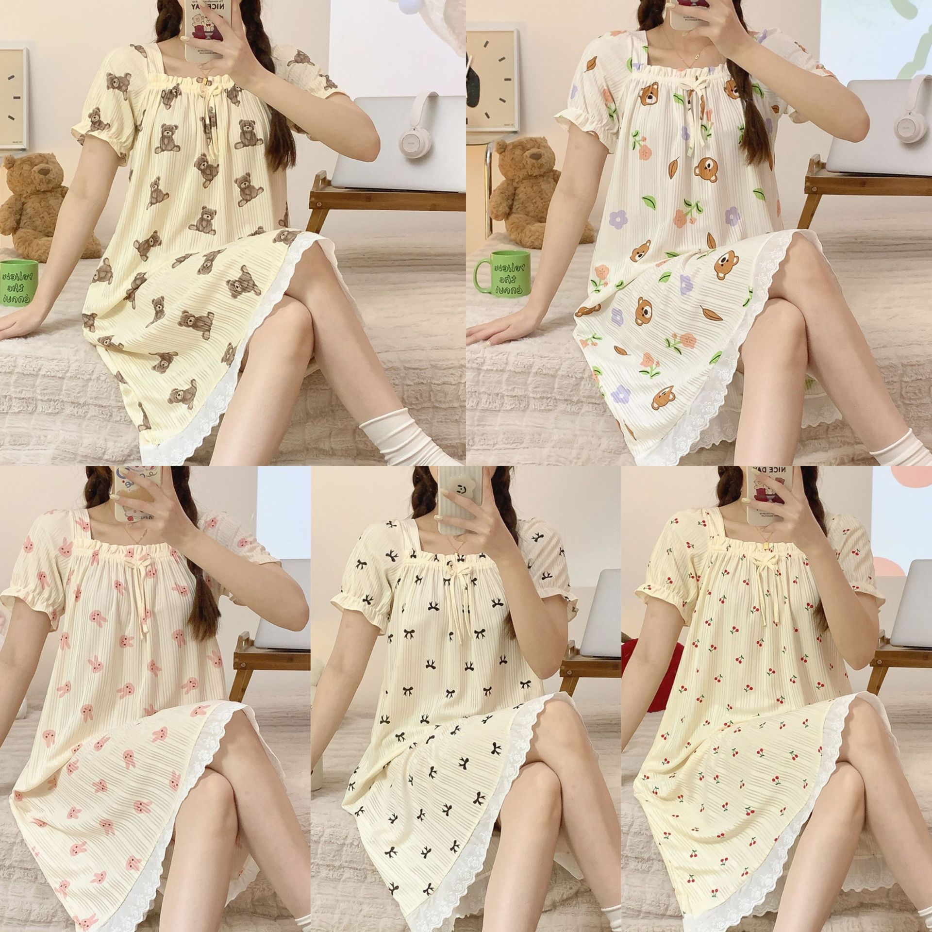 Camisón de verano al por mayor transfronterizo femenino estilo delgado estudiante lindo japonés de longitud media pijama servicio a domicilio dulce princesa
