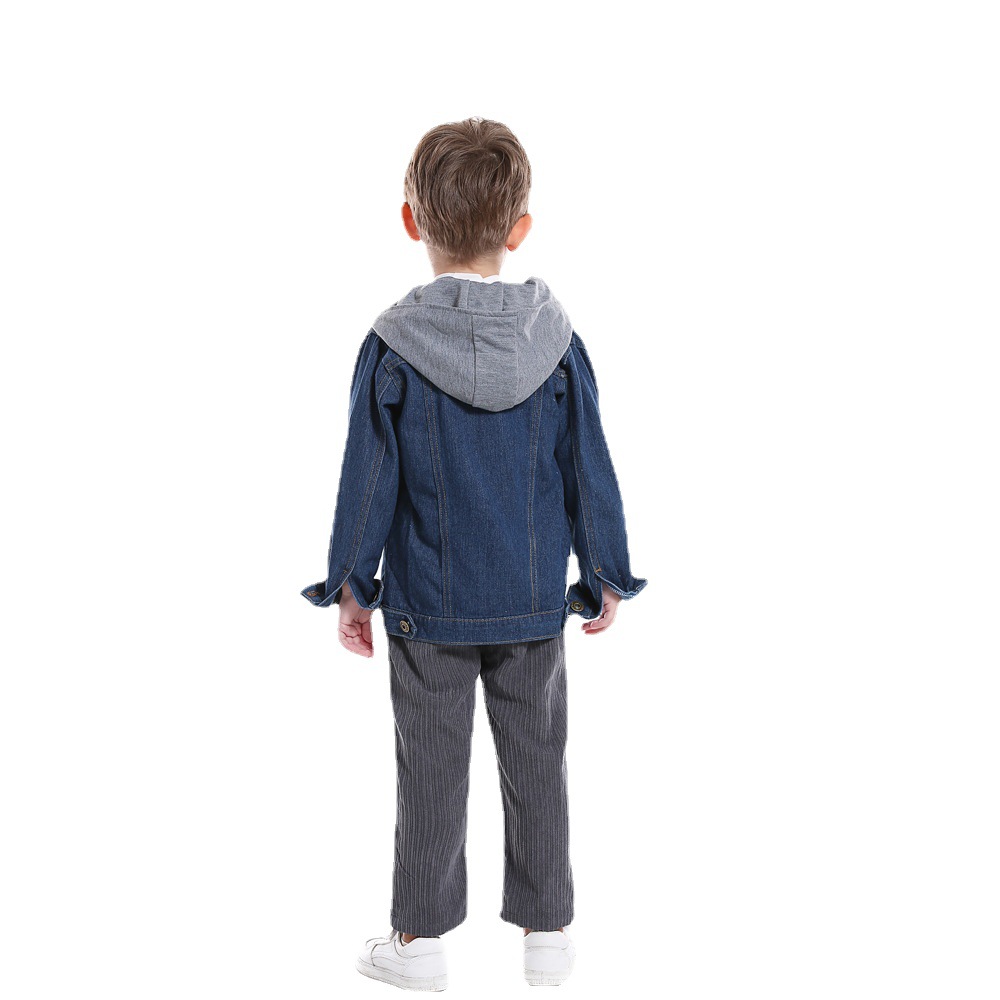 Chaqueta de mezclilla para niños coreanos otoño e invierno moda abanico cremallera de manga larga con capucha vaquero falso de dos piezas Denim coat