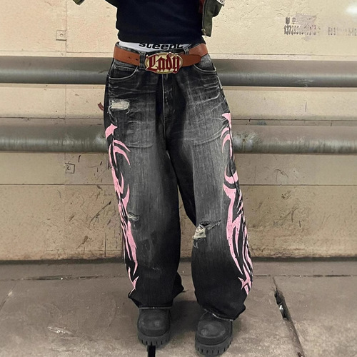 Euro-American Cross-border American Retro Print Denim Straight Leg Pants Street Loose Floor-Length Pants Unisex Pants Trendy