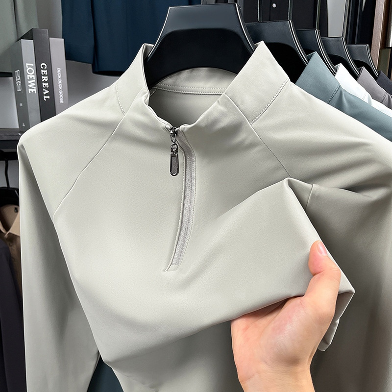 Seamless Sports Style Half-High Collar Silky Long-Sleeve Men's T-Shirt, Soft and Close-Fitting Solid Color Zip-Up Men's Sweatshirt for Young and Middle-Aged Men