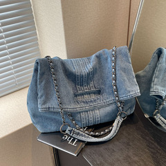 Cross-border new bag for women large capacity commuting bag fashionable denim tote bag chain shoulder strap one shoulder crossbody bag