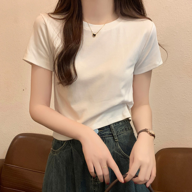 ベーシック無地半袖Tシャツレディース夏新作韓国風スリムフィット右肩ハイウエストボトムシャツレディースショートトップ|undefined