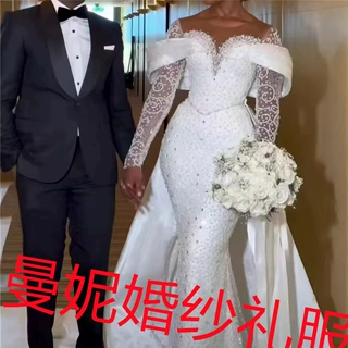 亚马逊新款外贸婚纱礼服 非洲跨境新娘结婚可拆卸蕾丝长袖美人鱼
