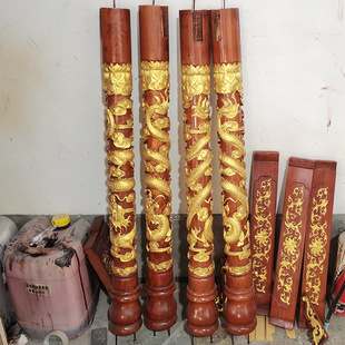 Dongyang Chinese-Style Solid Wood Custom-Made Cloud-Pattern Carved Dragon Pillar for Buddhist Altar, Dragon Pillar, Fake Door Head, Eaves Wood Carving and Carving Craftsmanship
