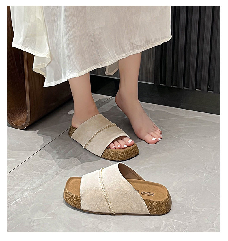 Dép sandal nữ quai ngang đế dày bằng gỗ bần, mũi vuông, đi ngoài trời — Màu khoai môn, Màu vàng gừng, Màu xám nhạt chi tiết 14