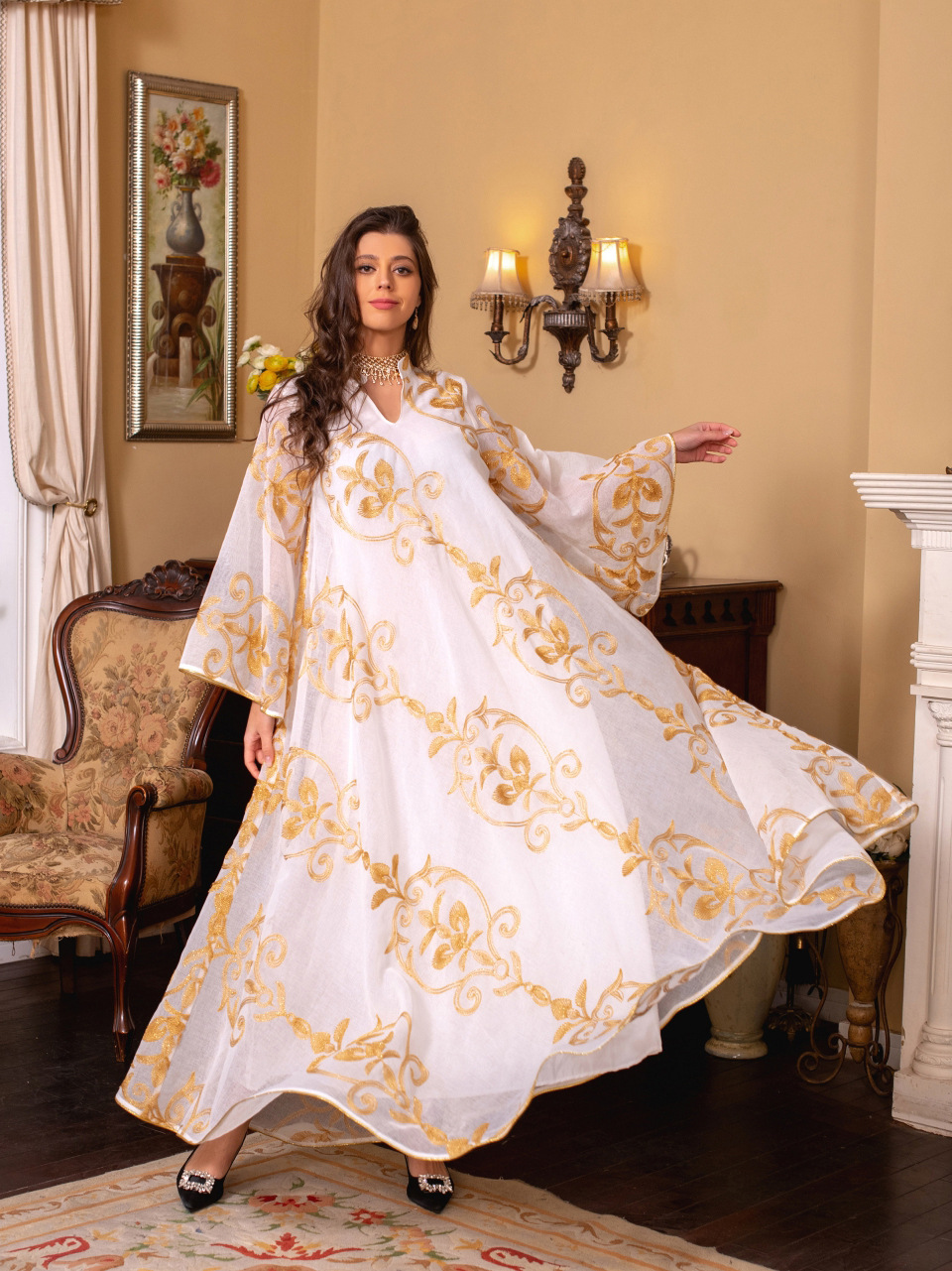 Women's Abaya Ethnic Style V Neck Embroidery Long Sleeve Printing Banquet display picture 5