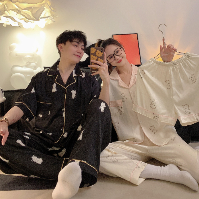 2024 nuevo pijama de pareja para hombres y mujeres de verano de seda de manga corta pantalones cortos de tres piezas ropa de seda de verano