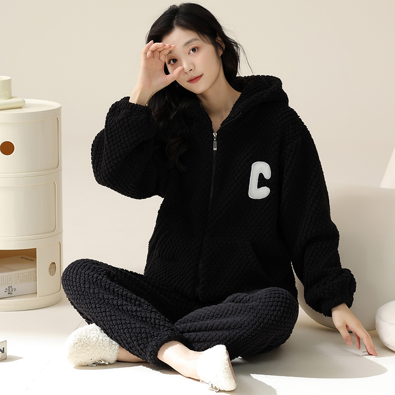 눈 어린 양 벨벳 파자마 여성의 겨울 산호 벨벳 두꺼운 기모 플란넬 지퍼 스포츠 스타일 홈 옷 플러스 사이즈 세트