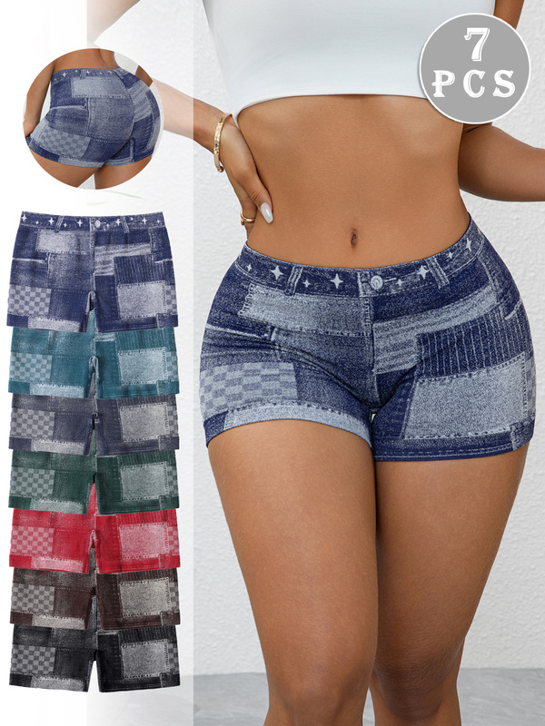 European Size Cross-Border New Large Size Women's Seamless Imitation Denim Boxer Leggings High Elastic Tight Boxer Briefs Shorts