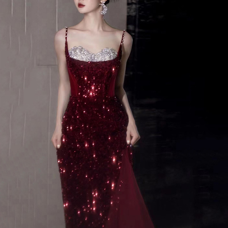 Strapless Toast Dress for Bride, Wedding Homecoming Dress, Spring Style Sequin Engagement Dress, French-Style Evening Gown, Burgundy