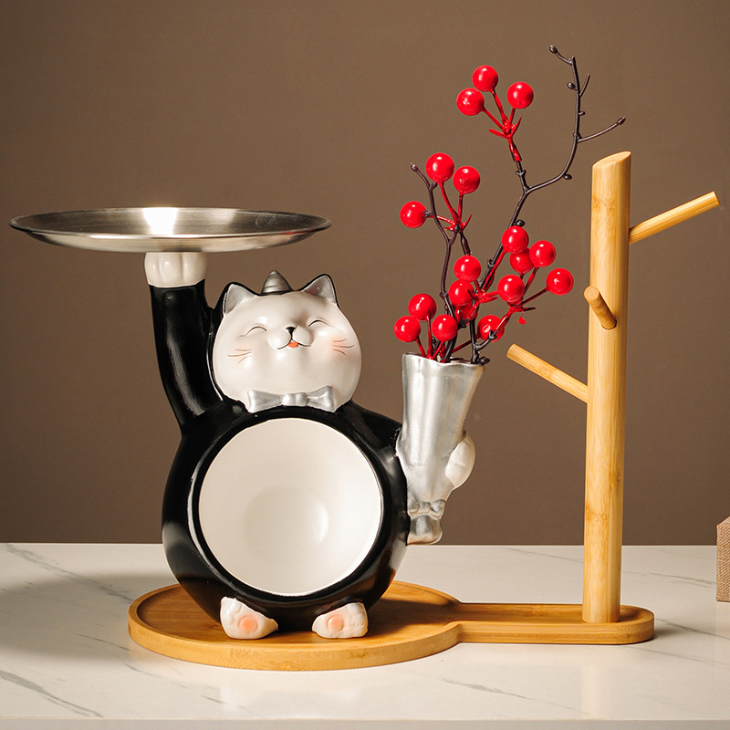 검은색 큰 배꼽 트레이 행운의 고양이 + 통나무 프레임 [핫 세일]