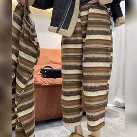 3417时尚美拉德穿搭条纹松紧腰奶奶裤复古慵懒风秋冬加厚保暖裤子