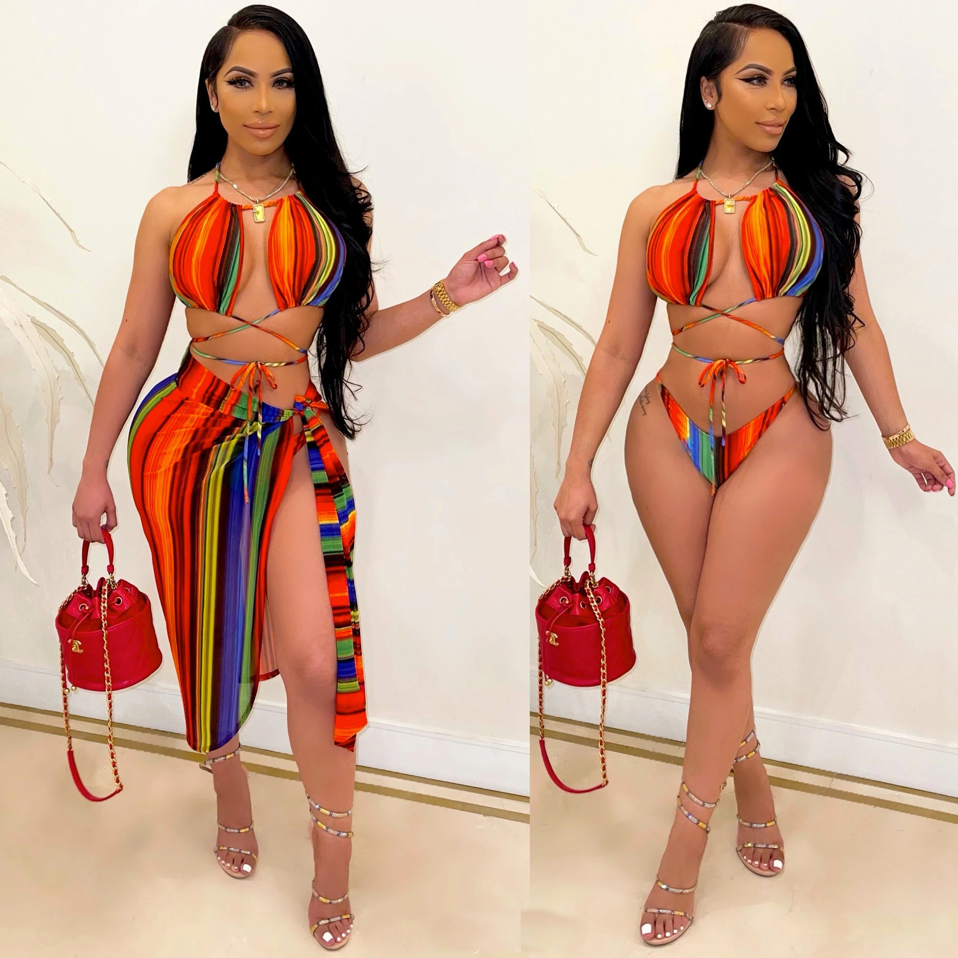 printed hanging neck backless lace-up bikini three-piece set NSFH130905