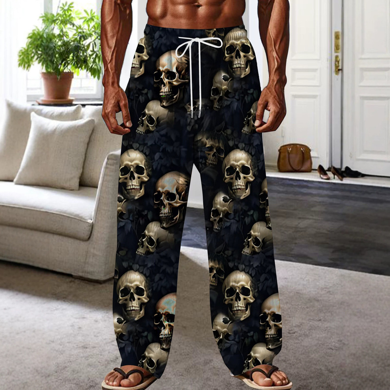 Cross-border 2026 New European and American Skull Print Men's Casual Pants Elastic Waist Loose Wide-Leg Trousers Cross-border 2026 New European and American Skull Print Men's Casual Pants Elastic Waist Loose Wide-Leg Trousers
