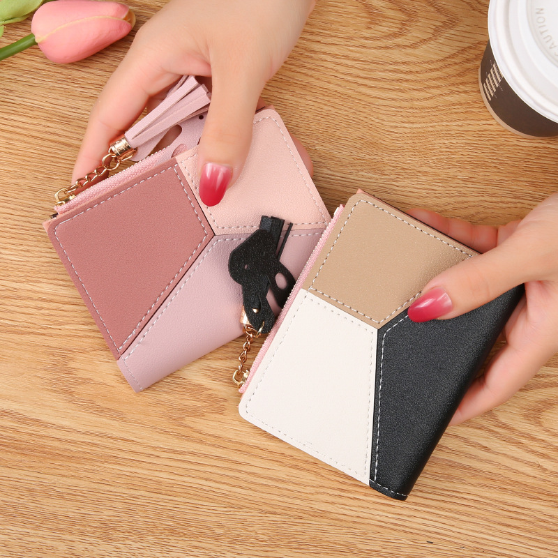 New wallet short women's zipper wallet female student Korean style stitching contrast color tassel all-match coin purse card holder