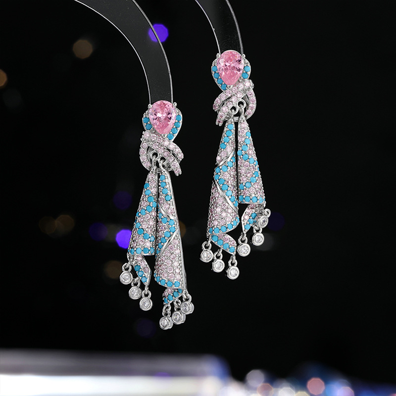 French-Style Heavy-Duty Colorful Copper Earrings with a Light Luxury and High-End Feel, Autumn and Winter Zircon Jewelry Tassel Silver Needle Earrings for Women
