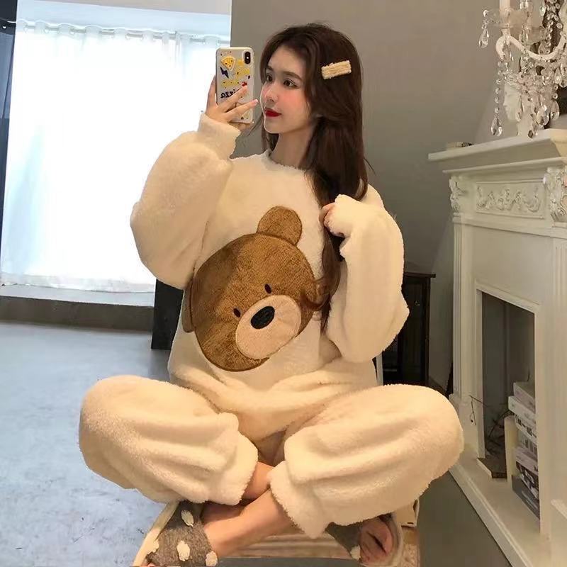 Cross-Border Pajamas for Women Winter Flannel Thickeneded Warm Cute Cartoon Large Size Winter Long-Sleeved Coral Velvet Home Clothes