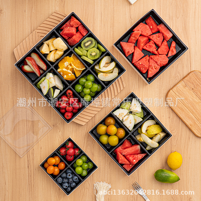 Caja de corte de fruta cuadrada sin plegables, tres cuadrados, cuatro cuadrados, nueve cuadrados de sushi salado, caja de embalaje de papel y plástico
