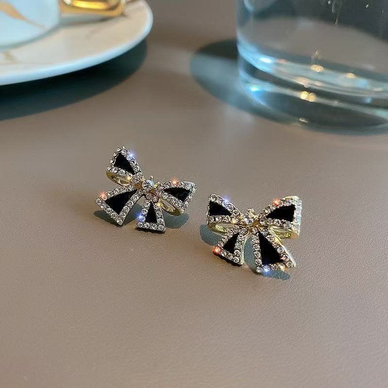 925银针闪钻黑色小蝴蝶结耳钉小巧精致时尚高级感轻奢耳饰女耳饰|undefined