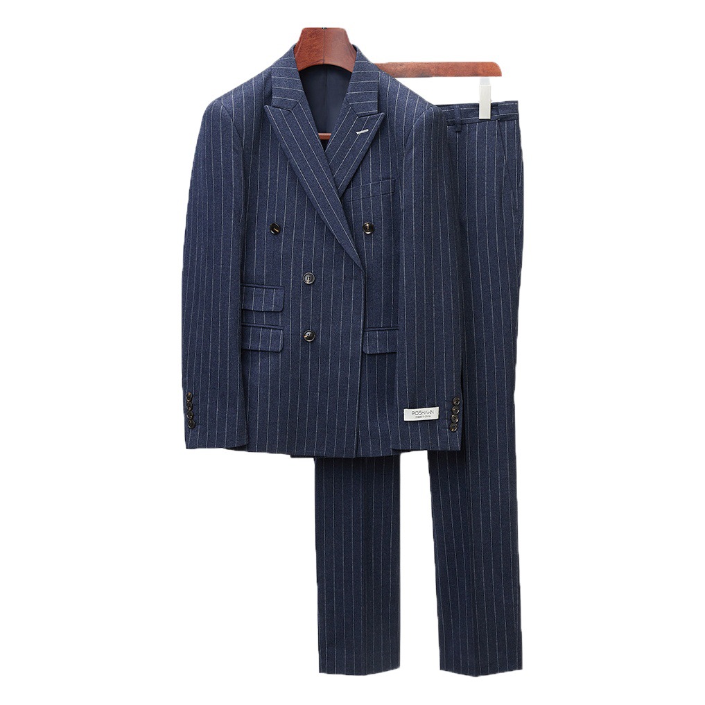 2022 nuevo traje de hombre traje de zafiro azul a rayas cruzado coreano traje casual de dos piezas trajes de hombre