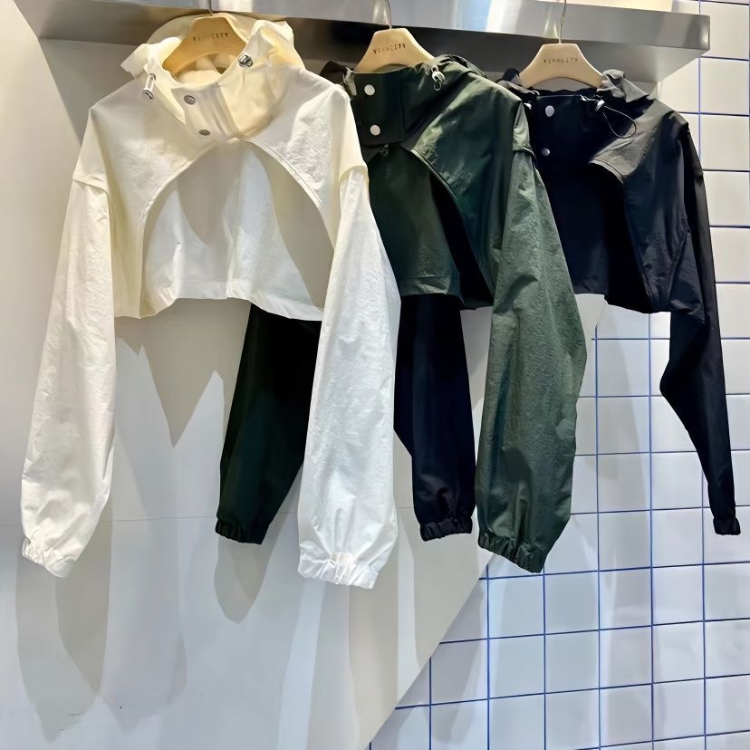 New Shawl Early Autumn 2025 Pure Color Short High Waist Stand Collar Hooded Sun Protection Outer Jacket Top