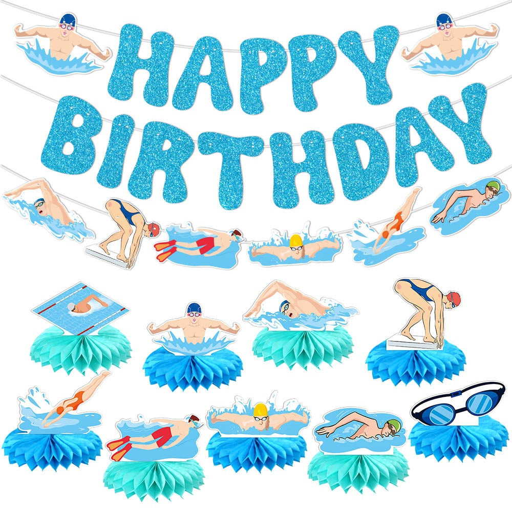 Nuevo tema de natación traje de decoración de cumpleaños natación de verano fiesta de cumpleaños decoración bandera de bandera de decoración plug-in