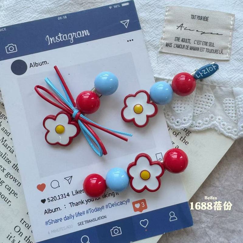 时尚红蓝撞色半圆花朵蝴蝶结发夹韩版高颜值少女心刘海侧边夹可爱|undefined