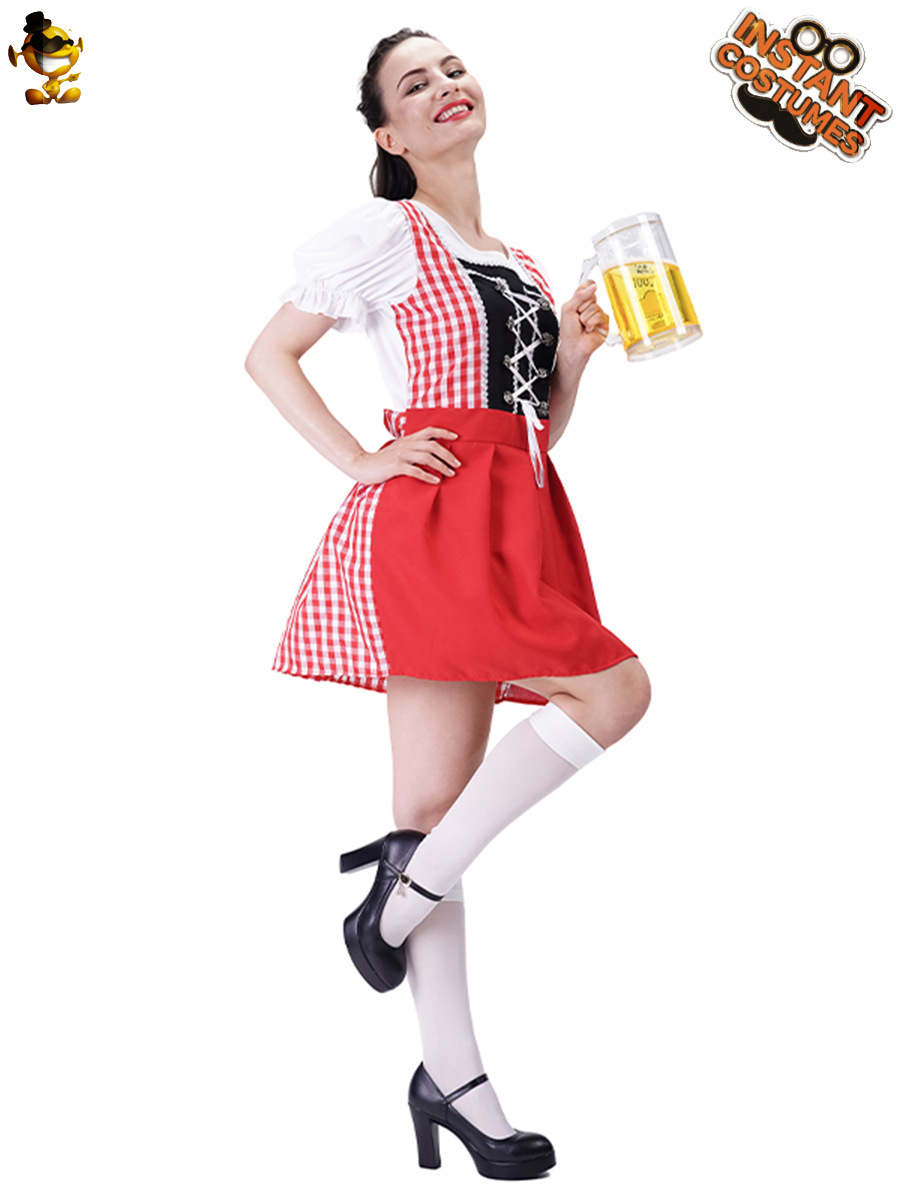 Rojo Plaid cerveza vestido de las mujeres carnaval maquillaje danza vestido Festival fiesta Cosplay traje